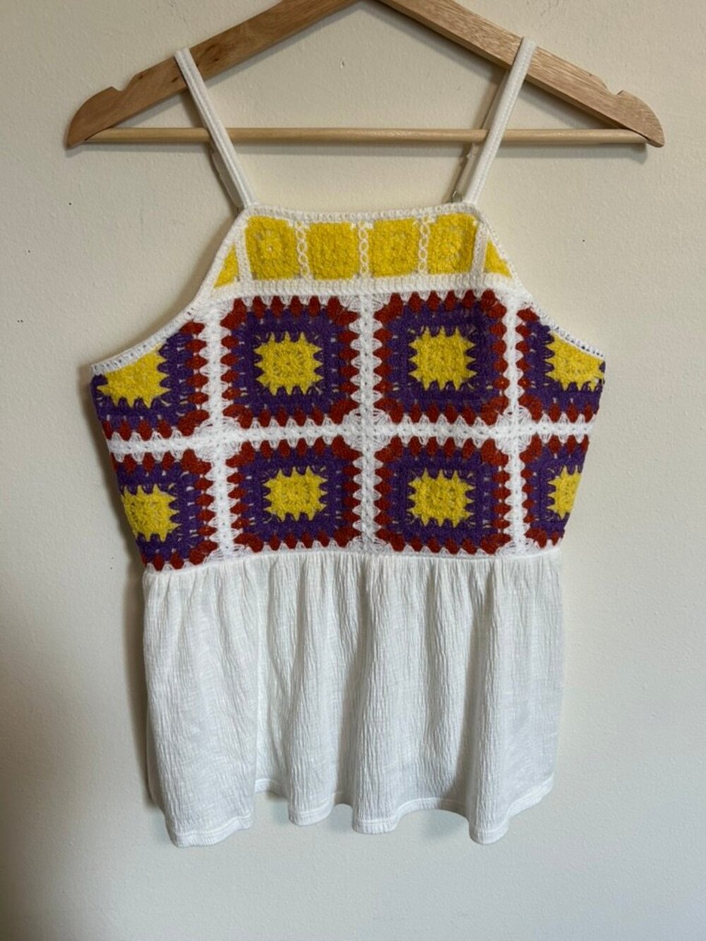 Granny Squares Crochet Babydoll White Tank Top Airy Colorful Summer Sz M EUC
